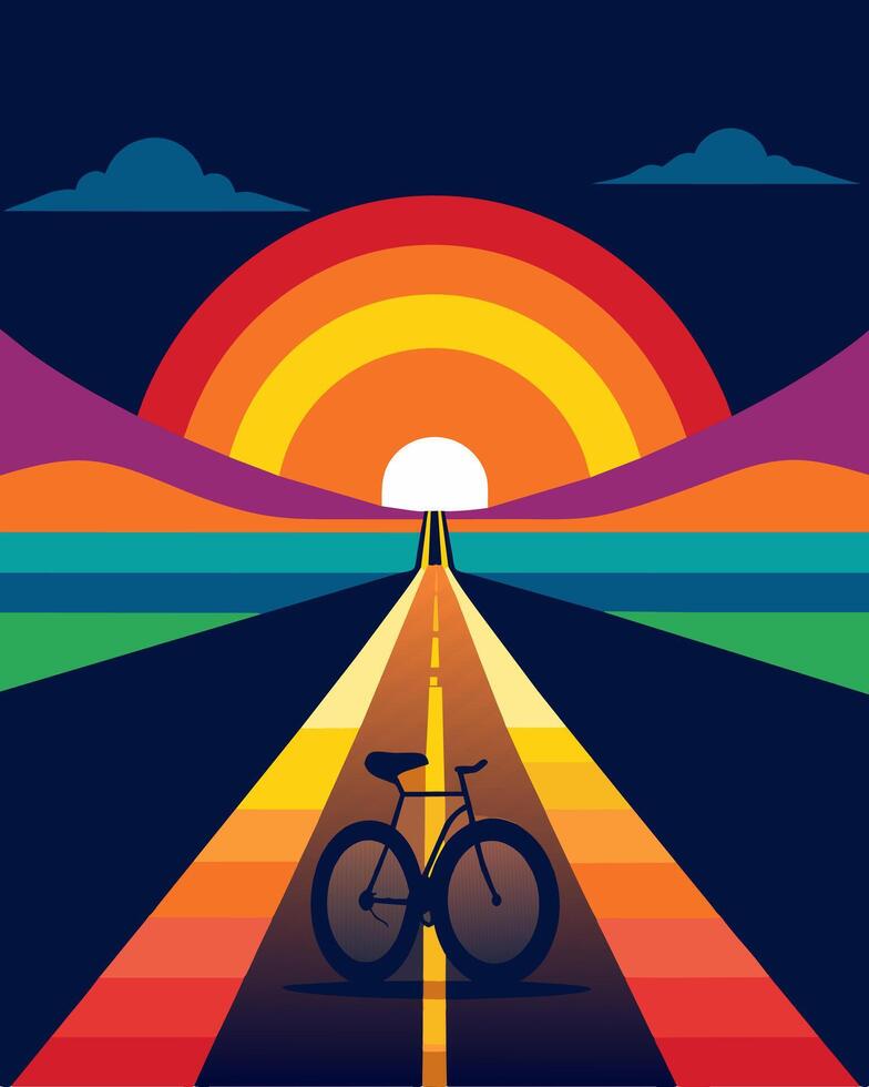 On a warm summer evening the solarpowered bicycle path shimmered with a rainbow of colors making for a picturesque ride.. illustration. vector