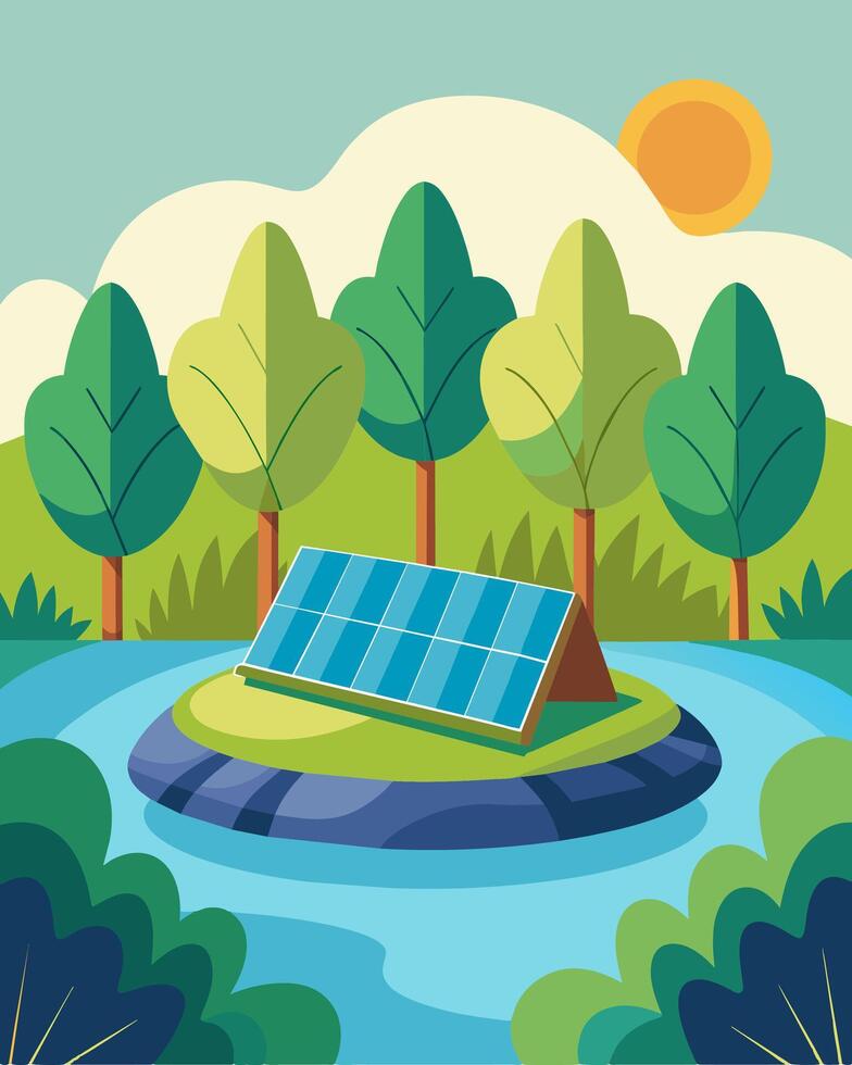 Solar panels floating on a tranquil pond surrounded by lush greenery creating a sustainable energy oasis in a natural landscape.. illustration. vector
