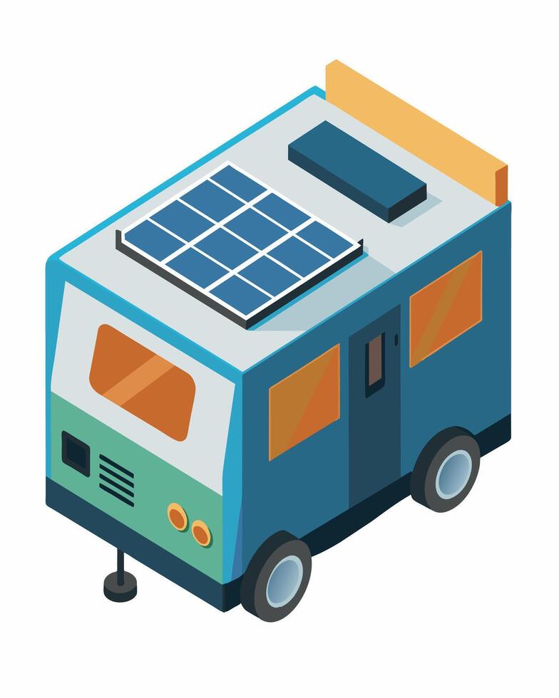 Perfect for mobile living a compact solarpowered generator can be easily transported and used to provide electricity for RVs camper vans and boats.. illustration. vector