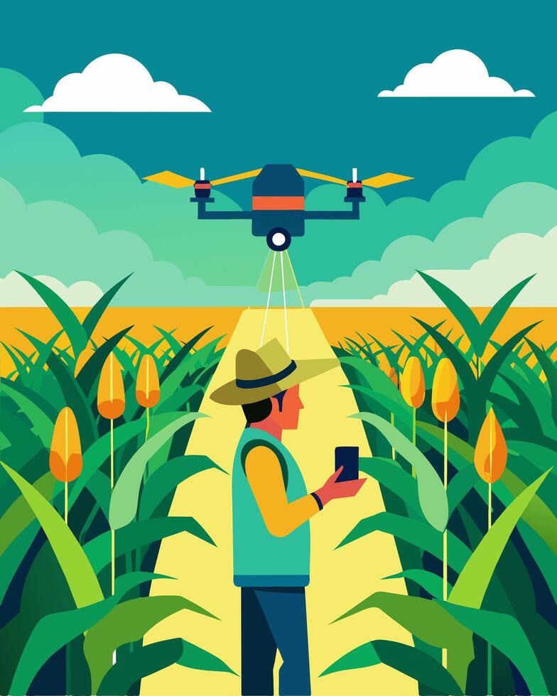 On a large corn farm a farmer operated a solarpowered drone equipped with infrared technology to detect sections of the field in need of fertilizer increasing yield and reducing. vector
