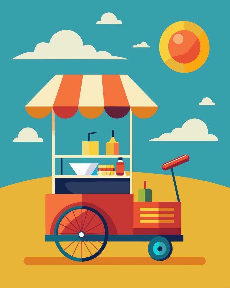 On a hot summer day the solarpowered ice cream cart is a welcome sight for overheated pedestrians offering a cool respite.. illustration. vector