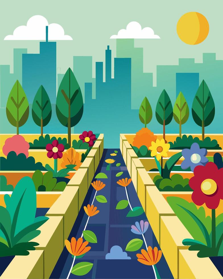 Lush garden beds b with colorful blooms tended to by city volunteers all made possible with irrigation systems powered by solar energy.. illustration. vector