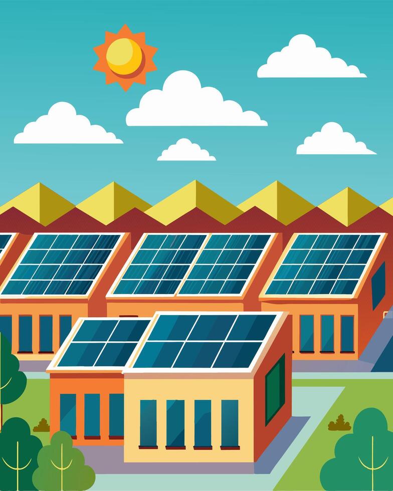 Rows of solar panels on the schools rooftop providing clean and renewable energy to power classrooms and offices.. illustration. vector