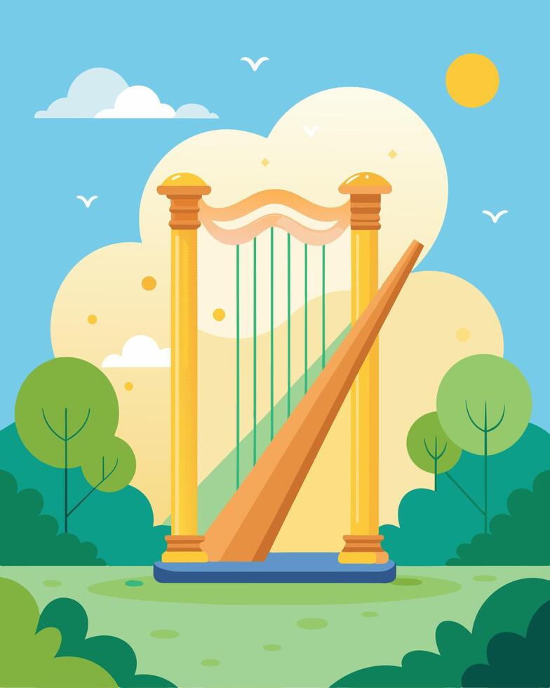 Nestled in the park a solarpowered harp sits its strings dancing in the sunlight enchanting all who pass by.. illustration. vector