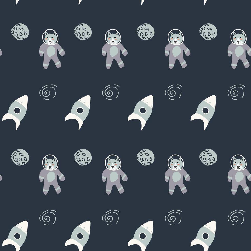 Childrens adventure pattern with cute galaxy elements. Space animal characters vector