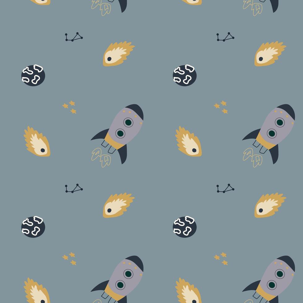 Childrens adventure pattern with cute galaxy elements. Space animal characters vector