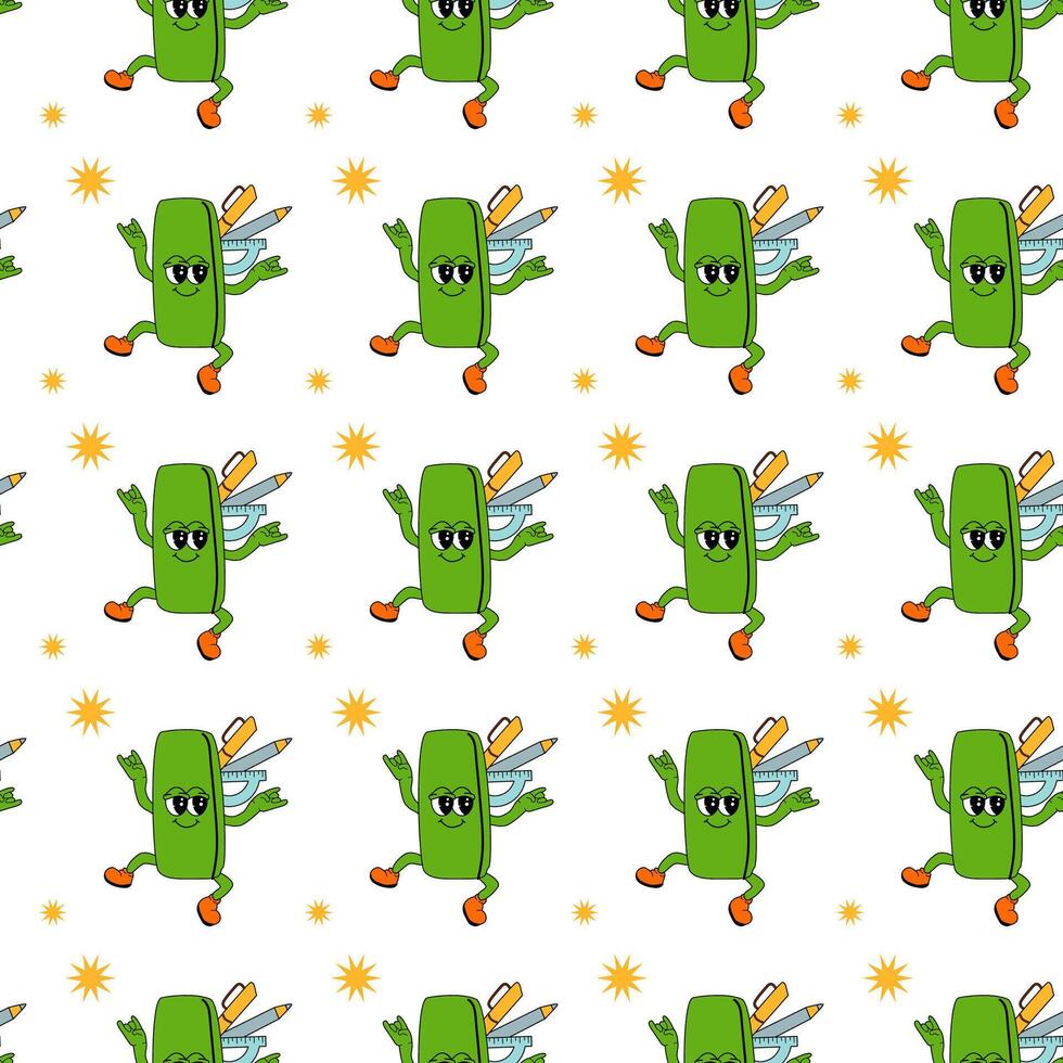 y2k school groovy seamless pattern. Childrens pattern with school supplies and y2k elements. vector