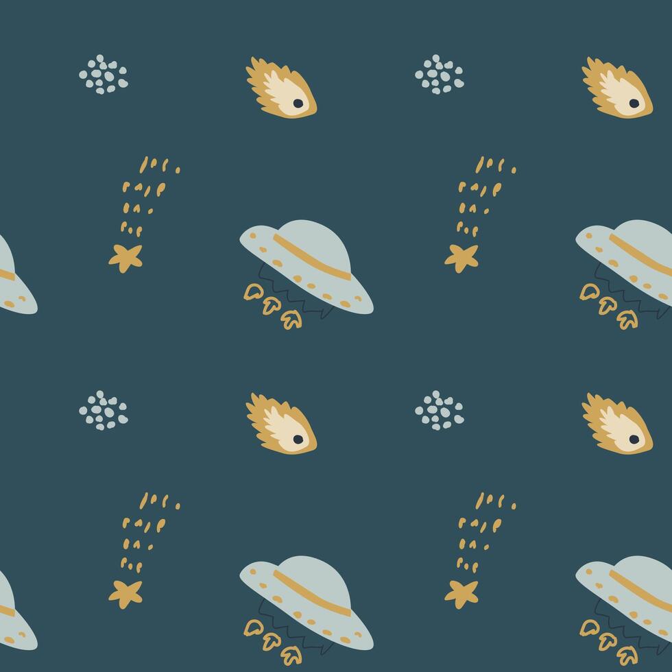 Childrens adventure pattern with cute galaxy elements. Space animal characters vector