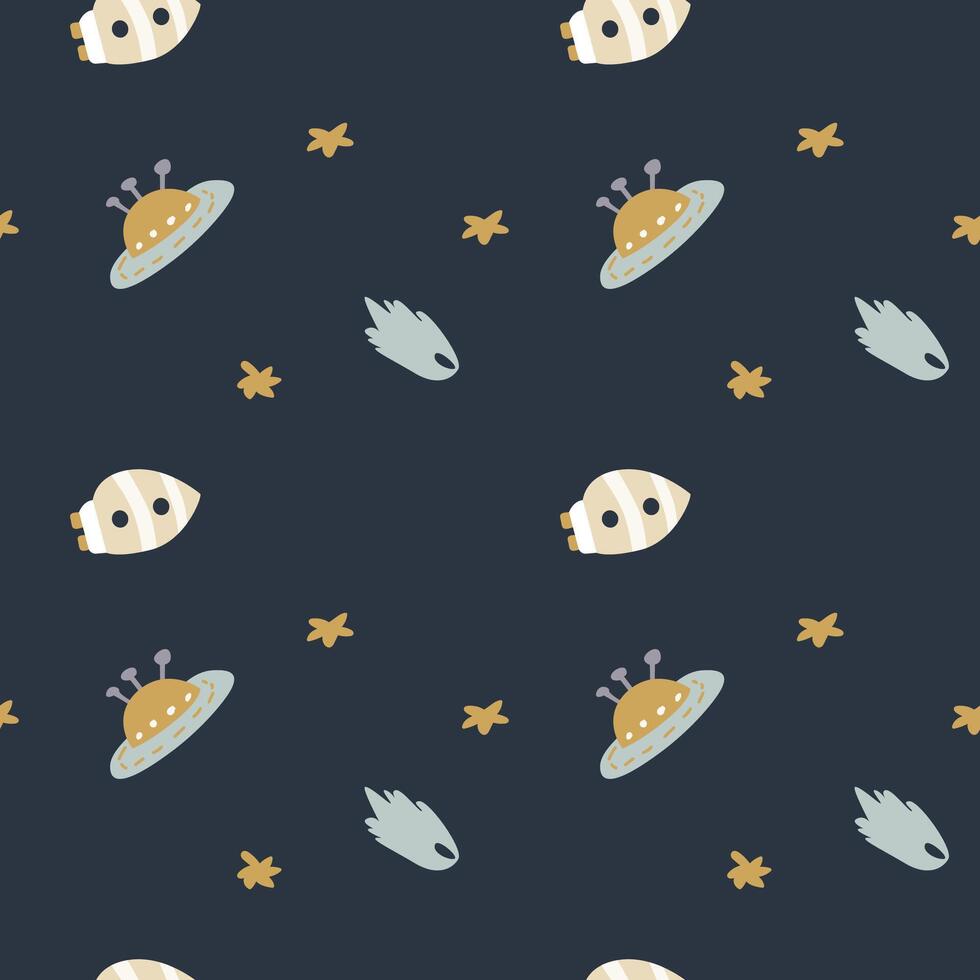 Childrens adventure pattern with cute galaxy elements. Space animal characters vector