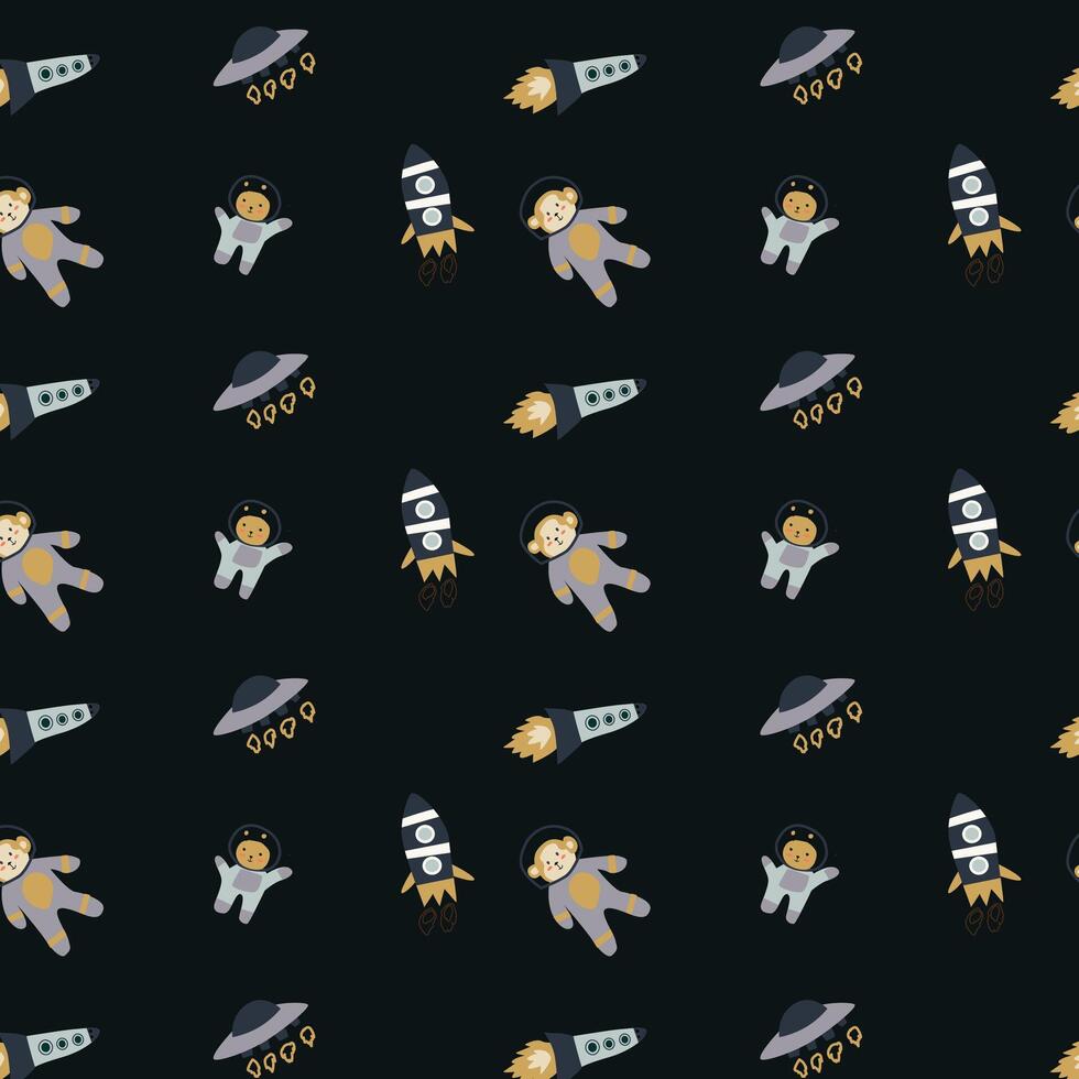 Childrens adventure pattern with cute galaxy elements. Space animal characters vector