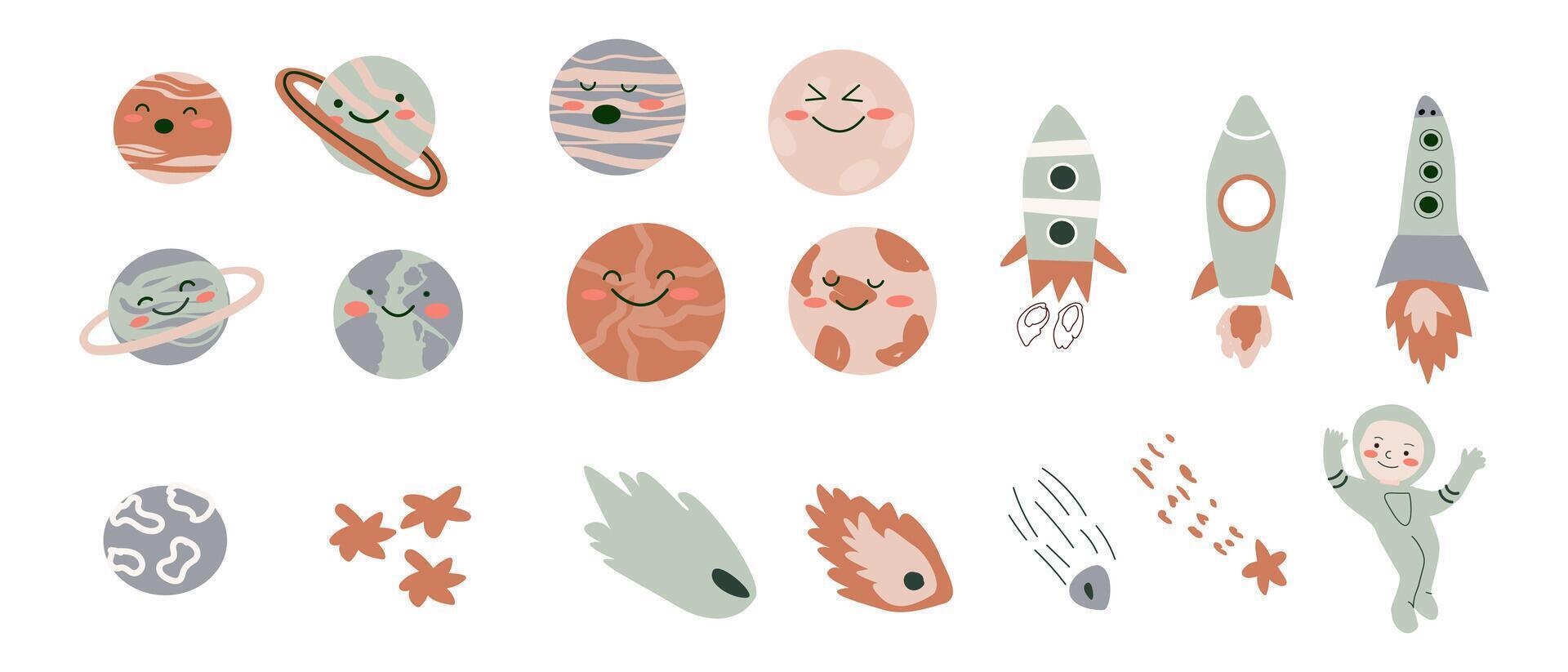 Space bundle. Cosmic objects and child astronaut character. vector