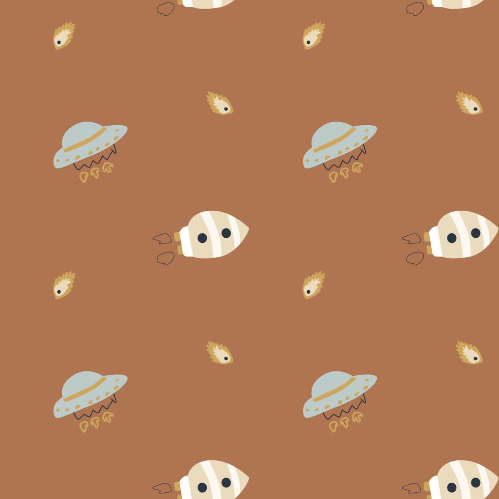 Childrens adventure pattern with cute galaxy elements. Space animal characters vector