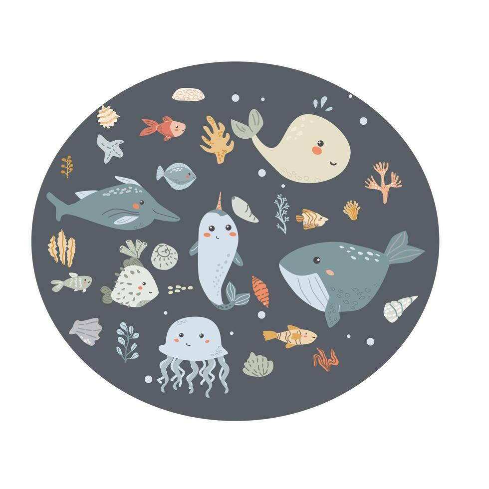 Childrens sea animal background with shell. Nautical elements card. Cute fish or ocean inhabitant with seaweed, shells. Sea wild life, marine animals background with plants for cover design, cloth vector