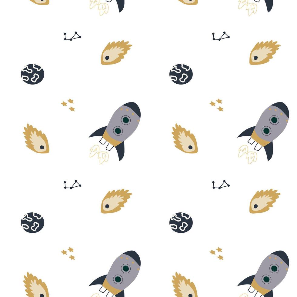 Childrens adventure pattern with cute galaxy elements. Space animal characters vector