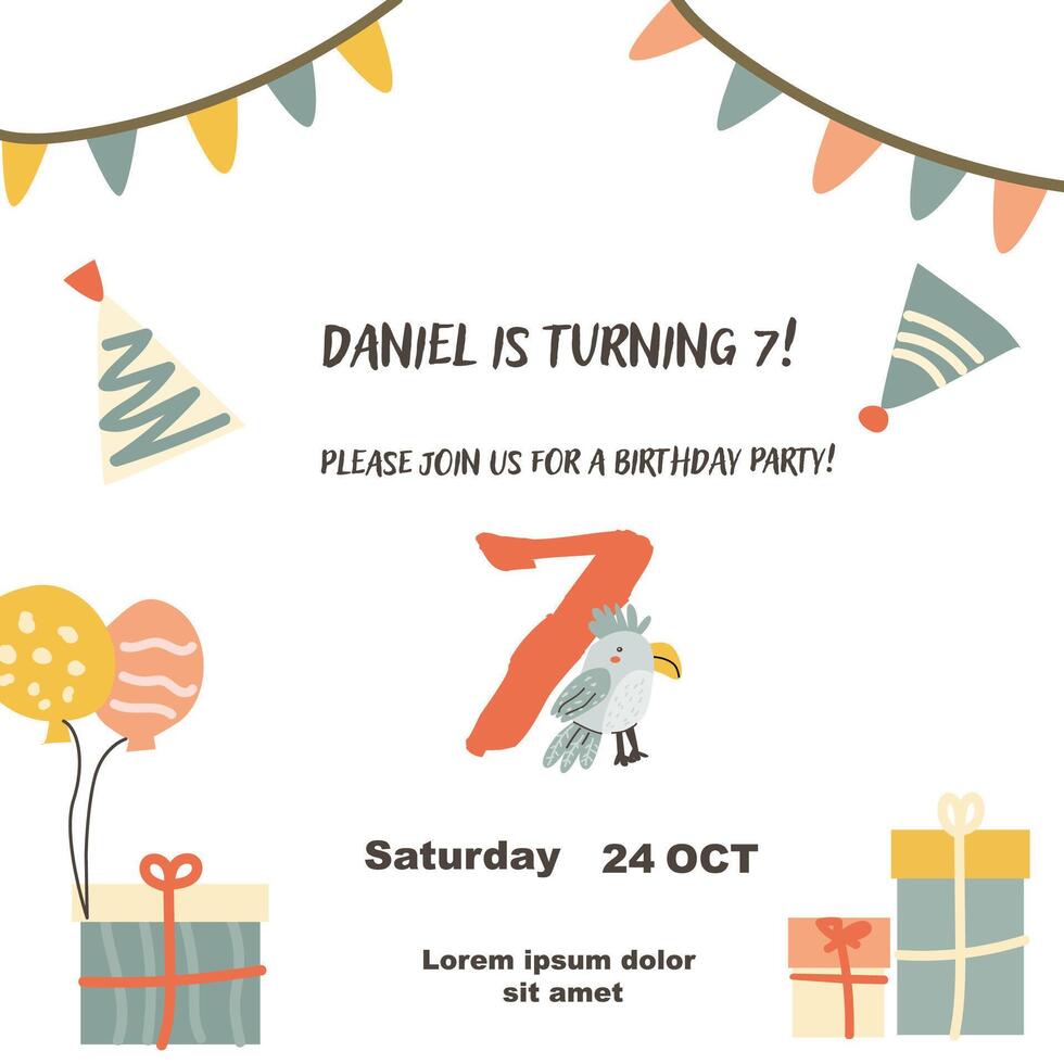 Childrens birthday invitation posters set. Can used for birthday party, childish design. Cute animals and gifts. Tropical animals party invite backgrounds set. vector