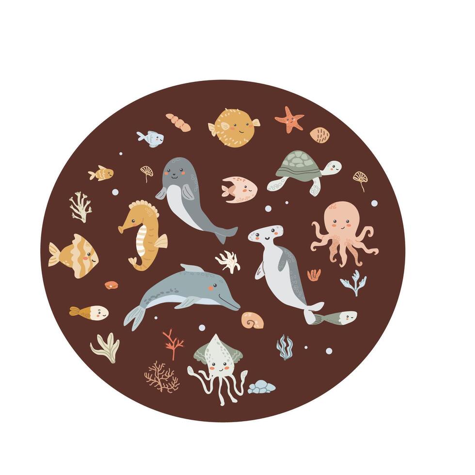 Childrens sea animal background with shell. Nautical elements card. Cute fish or ocean inhabitant with seaweed, shells. Sea wild life, marine animals background with plants for cover design, cloth vector