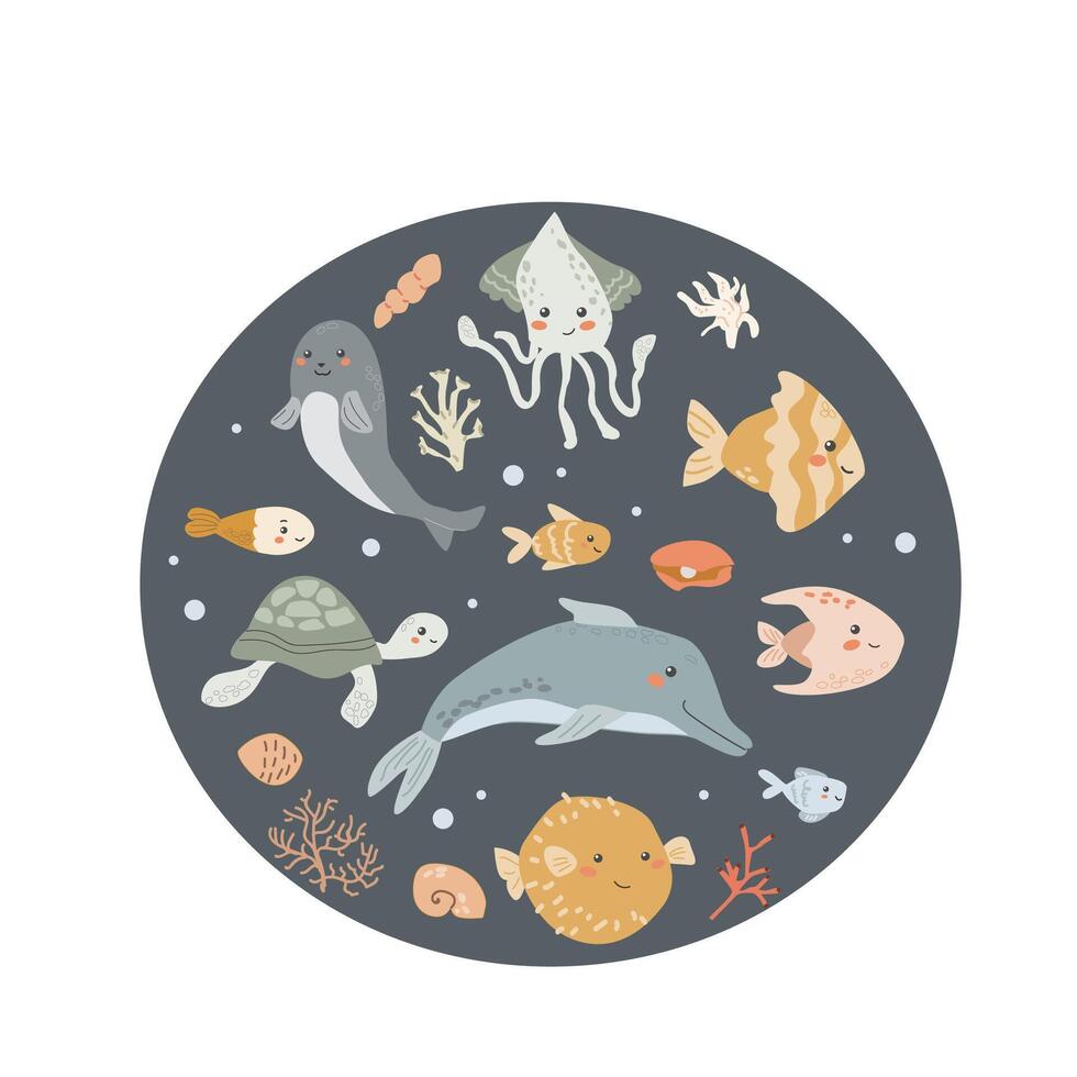 Childrens sea animal background with shell. Nautical elements card. Cute fish or ocean inhabitant with seaweed, shells. Sea wild life, marine animals background with plants for cover design, cloth vector