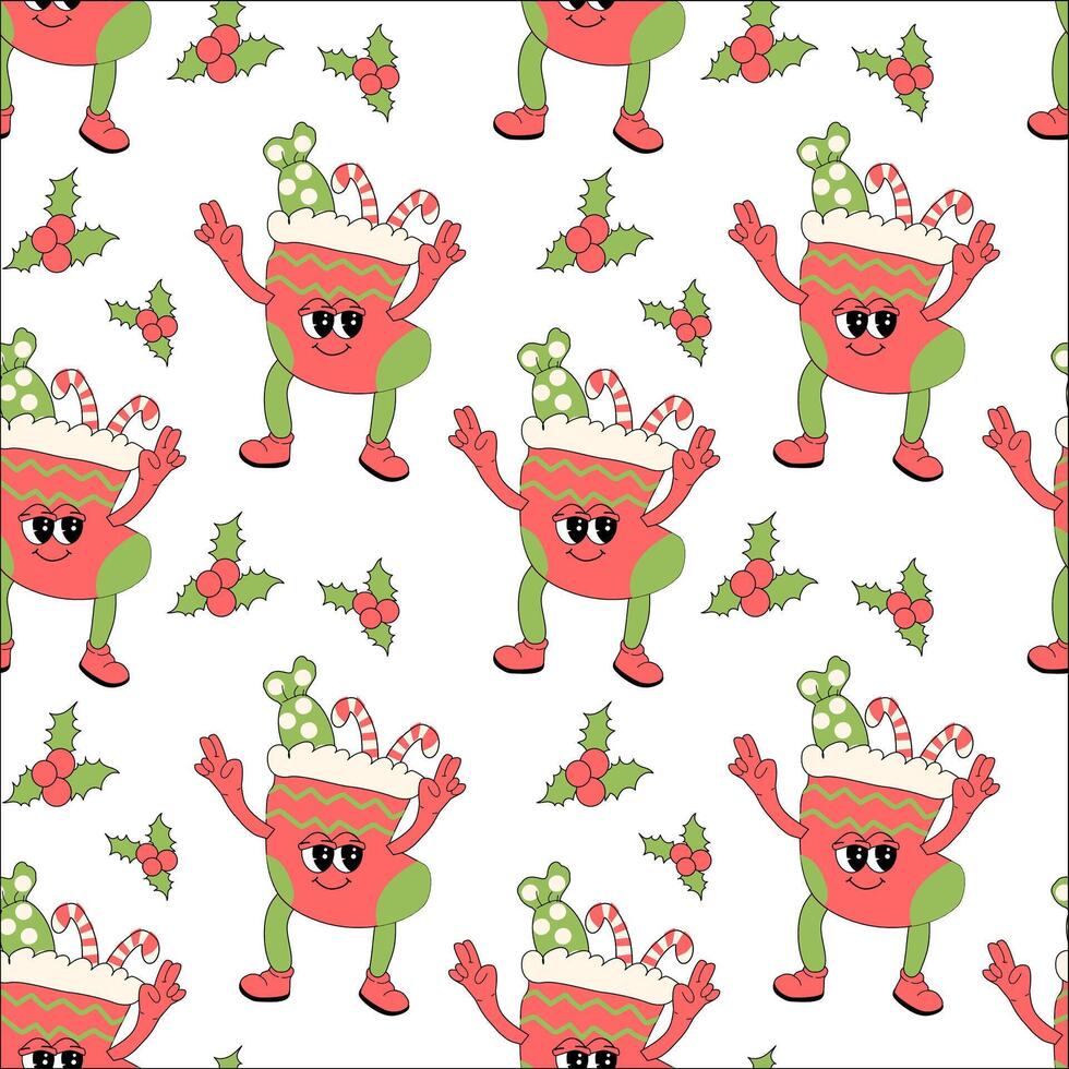 Happy new year pattern with y2k elements. Groovy characters background with santa, snow ball, xmas tree, gifts. Christmas groovy hippie pattern with retro characters in 60s, 70s, y2k style vector