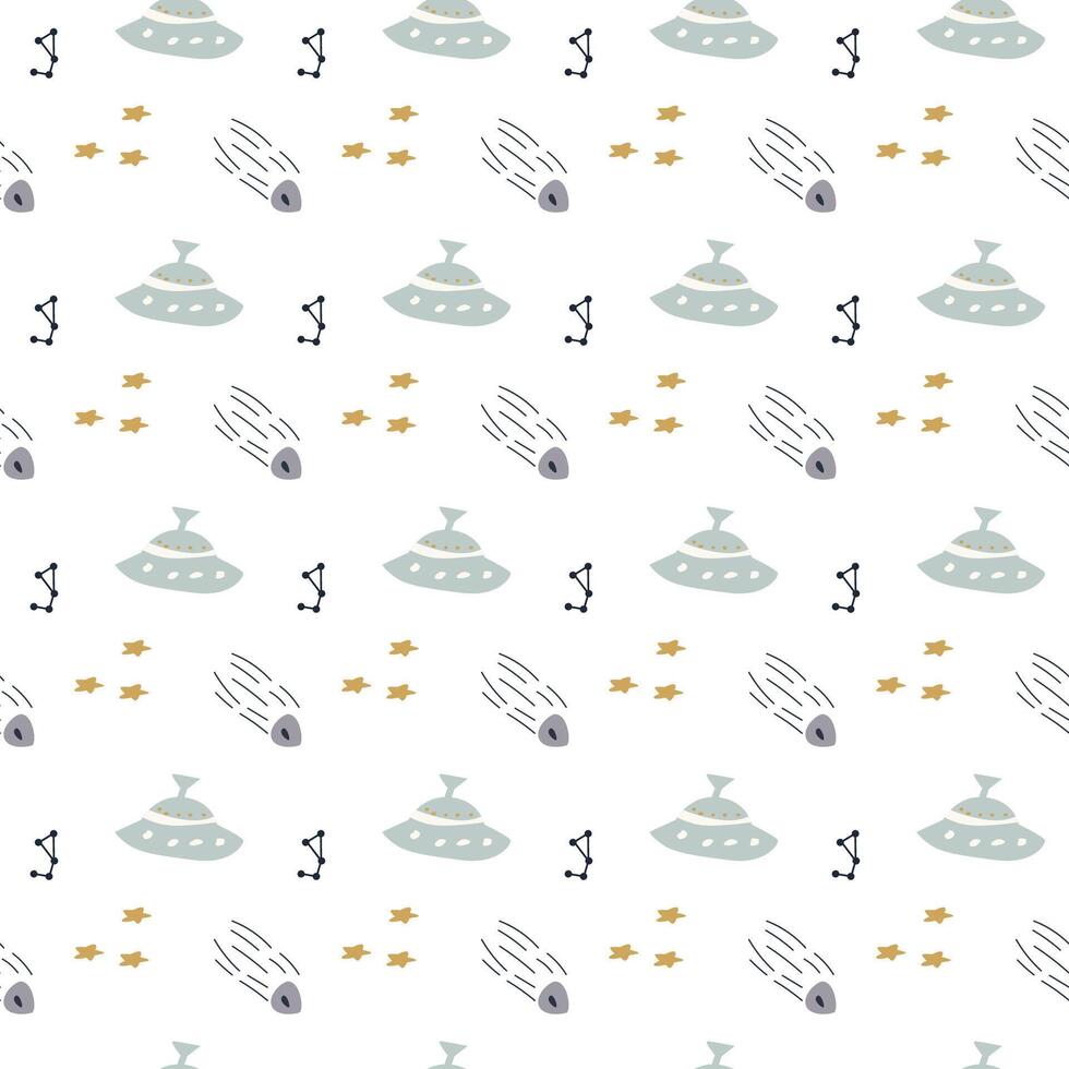 Childrens adventure pattern with cute galaxy elements. Space animal characters vector