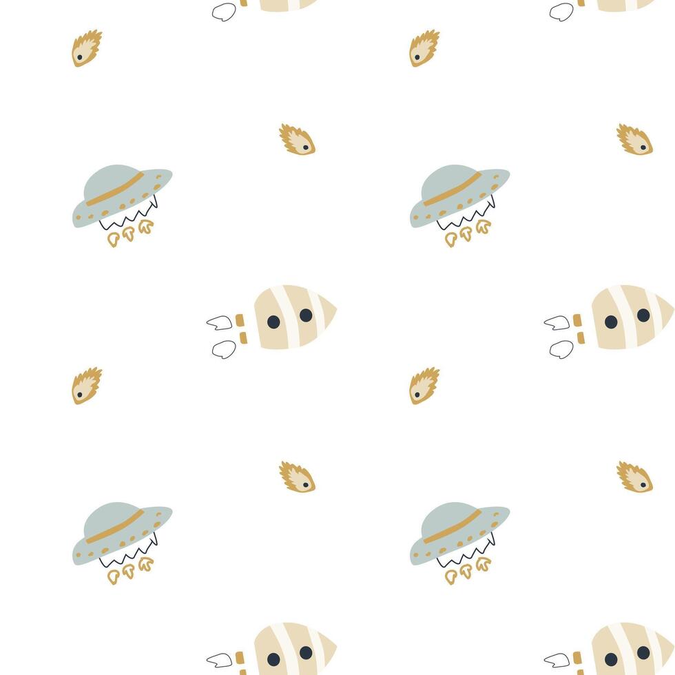 Childrens adventure pattern with cute galaxy elements. Space animal characters vector