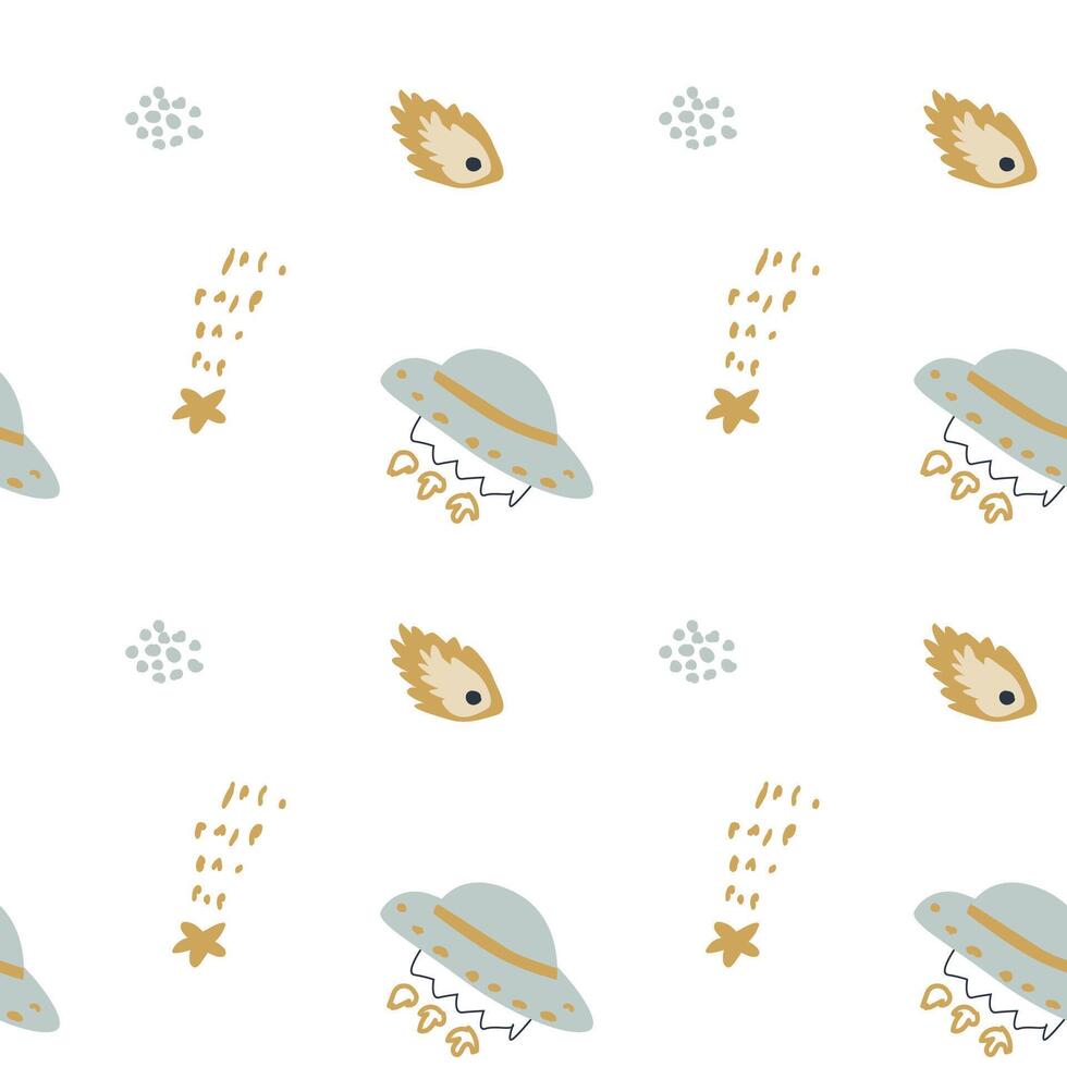 Childrens adventure pattern with cute galaxy elements. Space animal characters vector