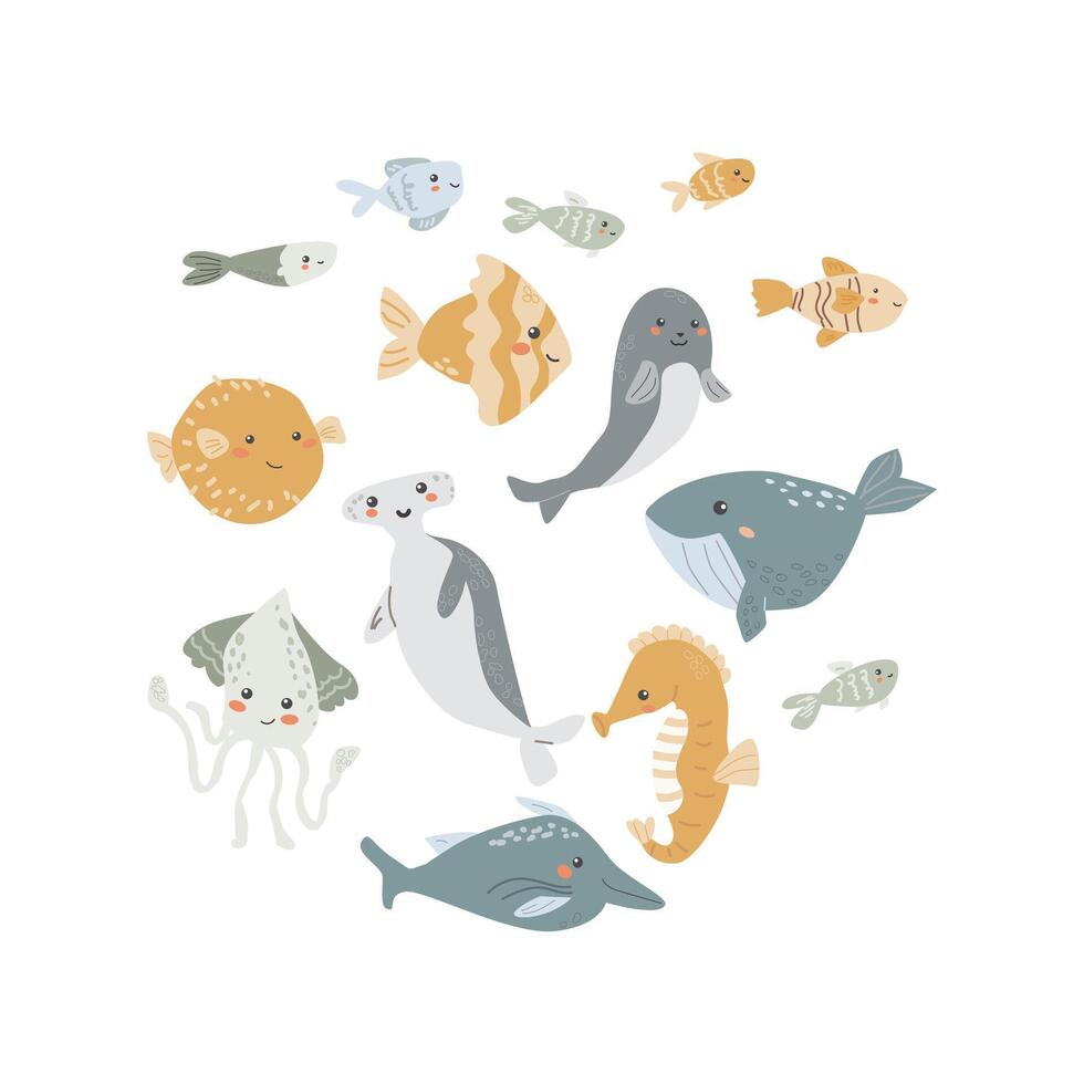 Childrens sea animal background with shell. Nautical elements card. Cute fish or ocean inhabitant with seaweed, shells. Sea wild life, marine animals background with plants for cover design, cloth vector