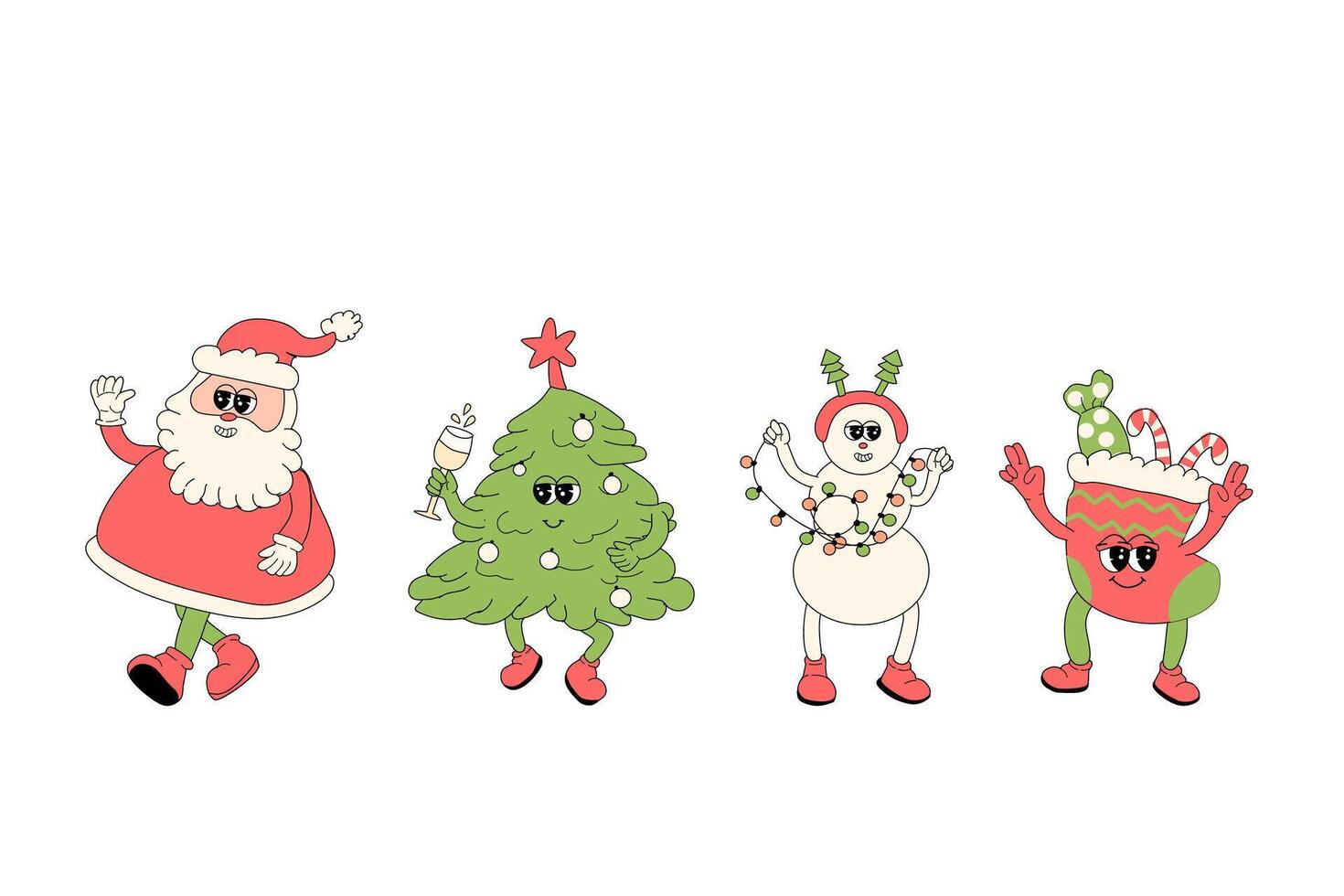 y2k Happy New year and Christmas groovy stickers set. Xmas retro set. Groovy y2k characters and elements. Santa, christmas tree, gift box, socks and other for greeting card, party design. vector