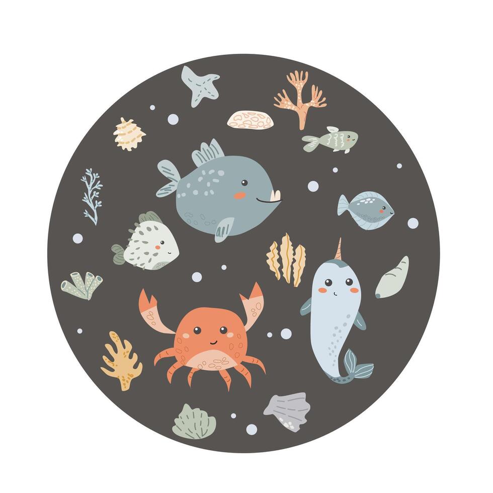 Childrens sea animal background with shell. Nautical elements card. Cute fish or ocean inhabitant with seaweed, shells. Sea wild life, marine animals background with plants for cover design, cloth vector