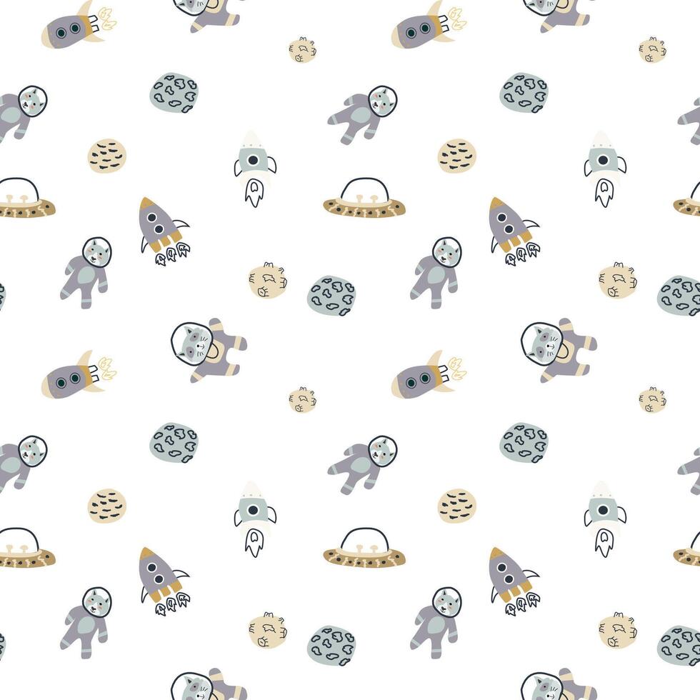 Childrens adventure pattern with cute galaxy elements. Space animal characters vector
