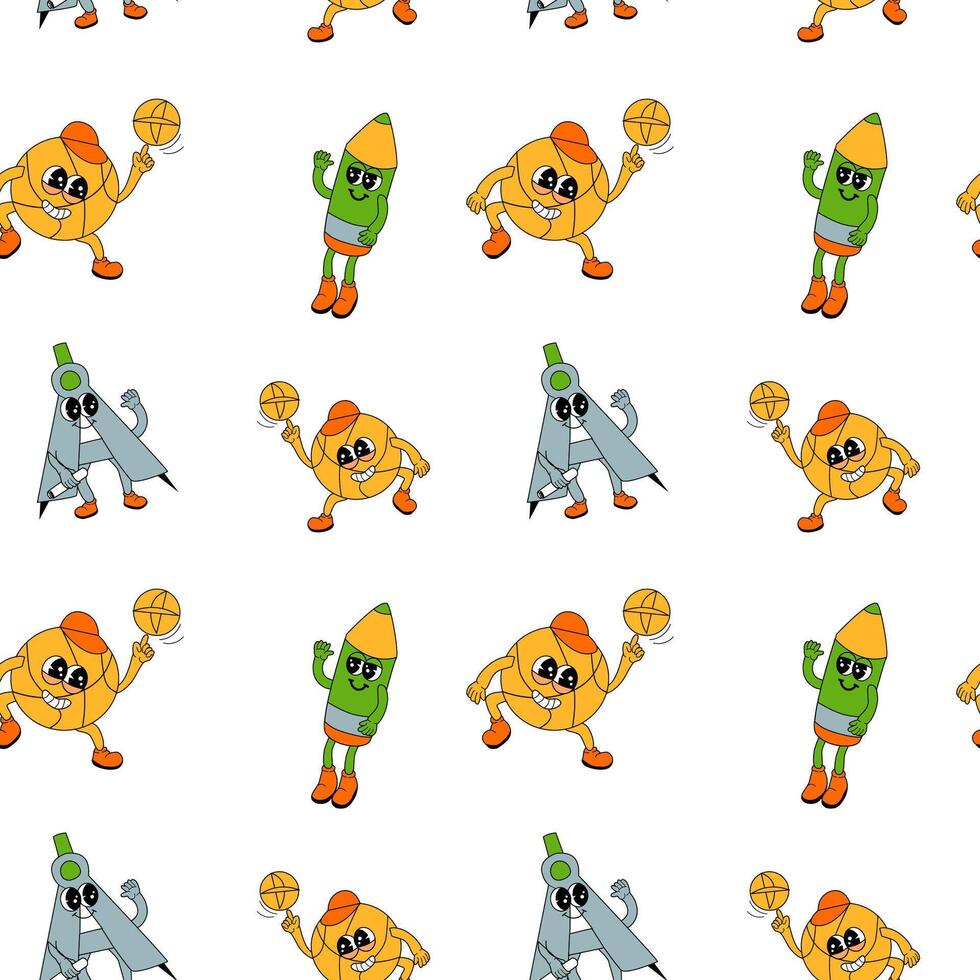 y2k school groovy seamless pattern. Childrens pattern with school supplies and y2k elements. vector