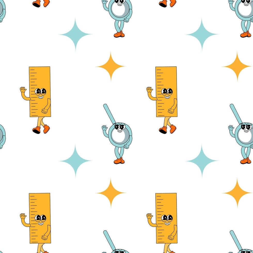 y2k school groovy seamless pattern. Childrens pattern with school supplies and y2k elements. vector
