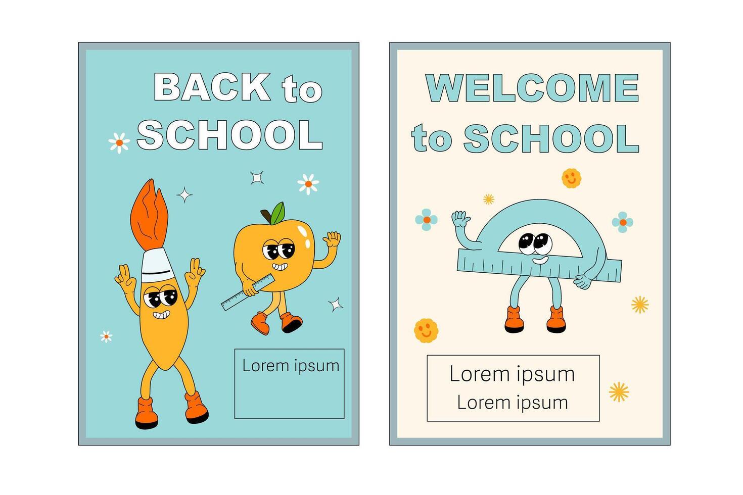 School posters set with groovy characters. Stationery with y2k school elements background vector