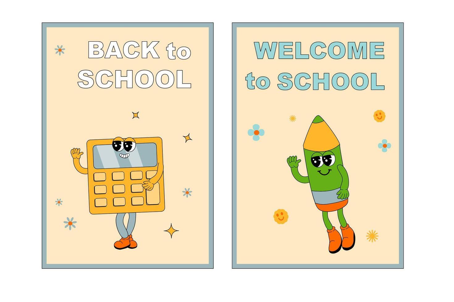 School posters set with groovy characters. Stationery with y2k school elements background vector