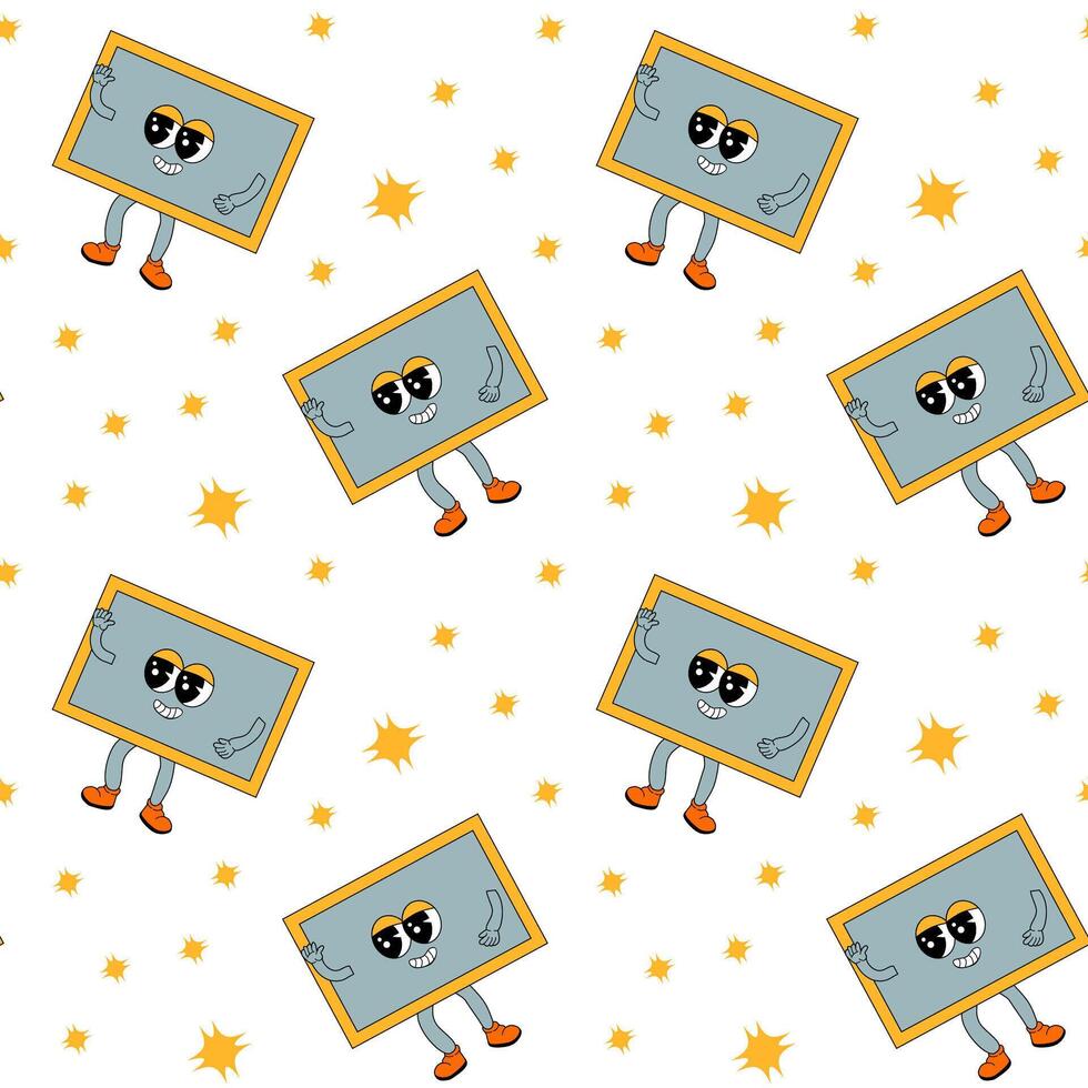 y2k school groovy seamless pattern. Childrens pattern with school supplies and y2k elements. vector
