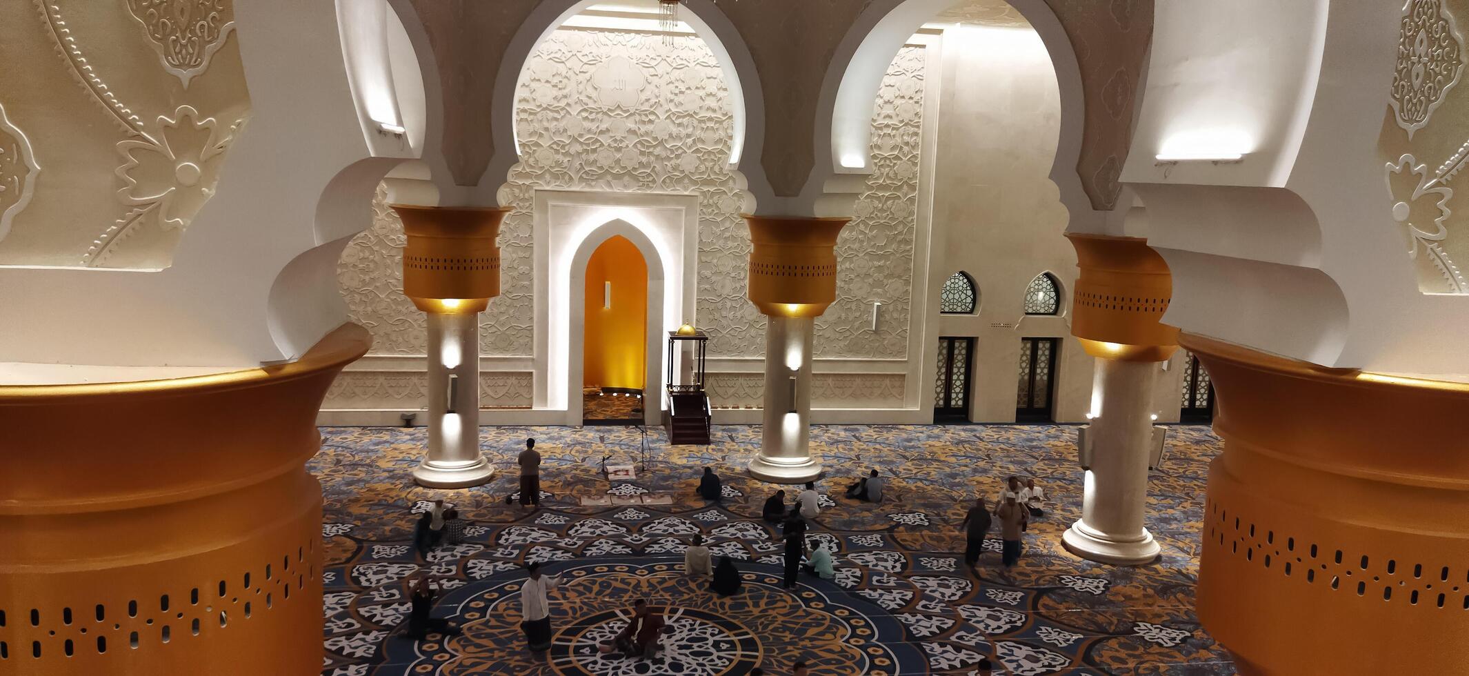 Surakarta, Indonesia, March 10, 2023. Defocused and noise image. Magnificent interior of Sheikh Zayed Mosque in Surakarta. It is the largest mosque in Surakarta. photo