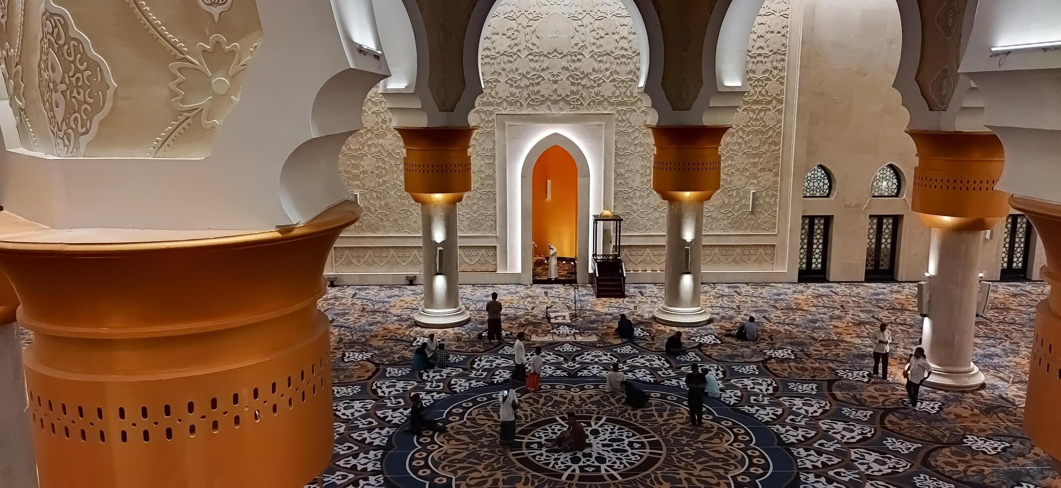Surakarta, Indonesia, March 10, 2023. Defocused and noise image. Magnificent interior of Sheikh Zayed Mosque in Surakarta. It is the largest mosque in Surakarta. photo