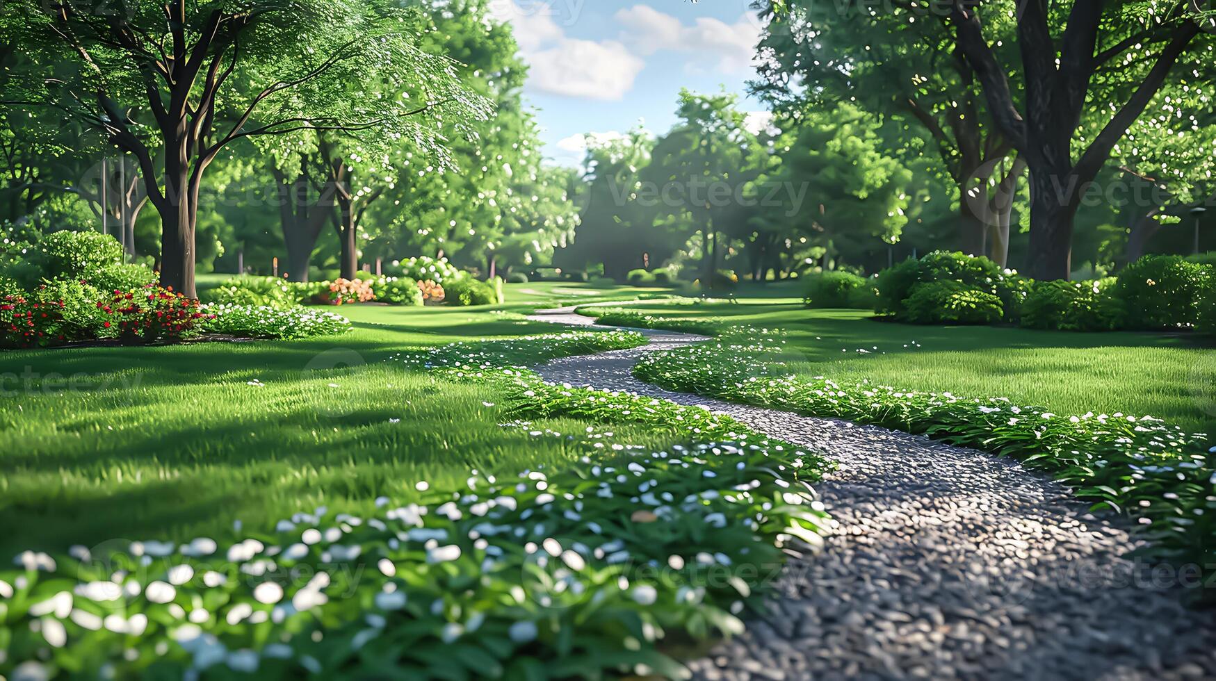 Tranquil Park Landscape with Winding Path, Lush Greenery, and Open Sky in 8K resolution - Perfect Copy Space for Creative Designs photo