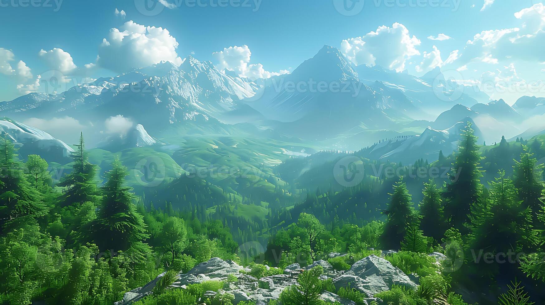 Majestic Pristine Mountain Landscape with Green Forests - Advertising Copy Space, Photorealistic 8K Quality photo