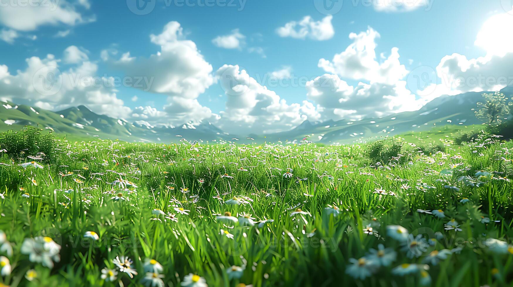 Serene Green Meadow Under Clear Blue Sky for Nature Promotions - Photorealistic 8K Quality with Ample Copy Space photo