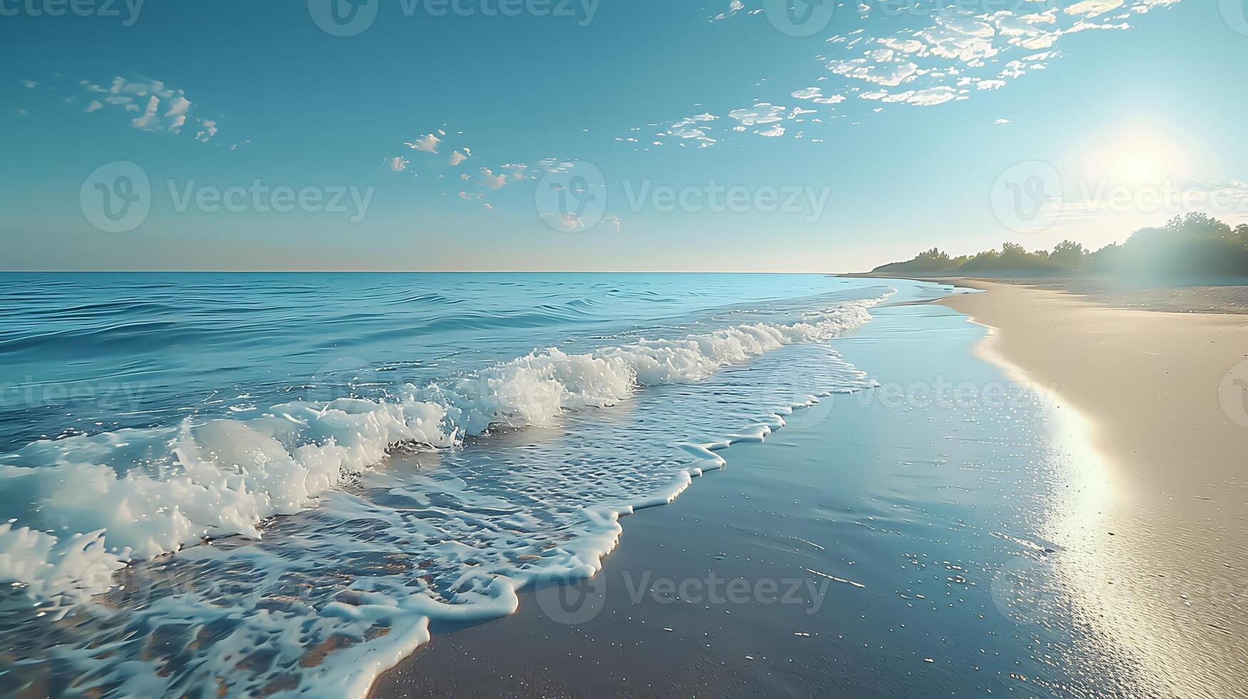 Serene Beachscape with Clear Blue Sky and Gentle Waves, Perfect Copy Space for Text Overlay Photorealistic 8K Resolution Scene photo