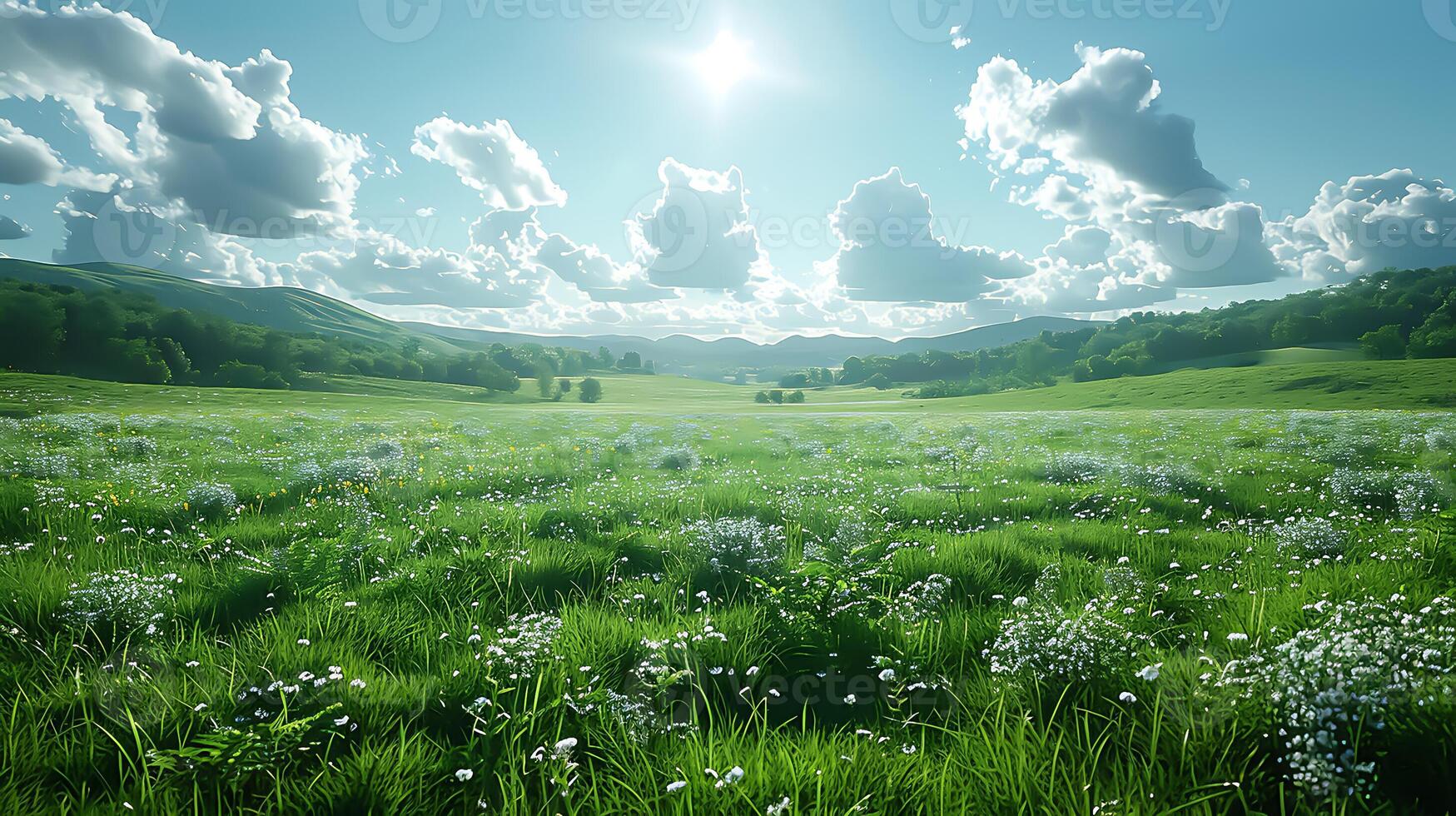 Serene Green Meadow under Clear Blue Sky - Nature Background with Copy Space, 8K Photorealistic Quality photo