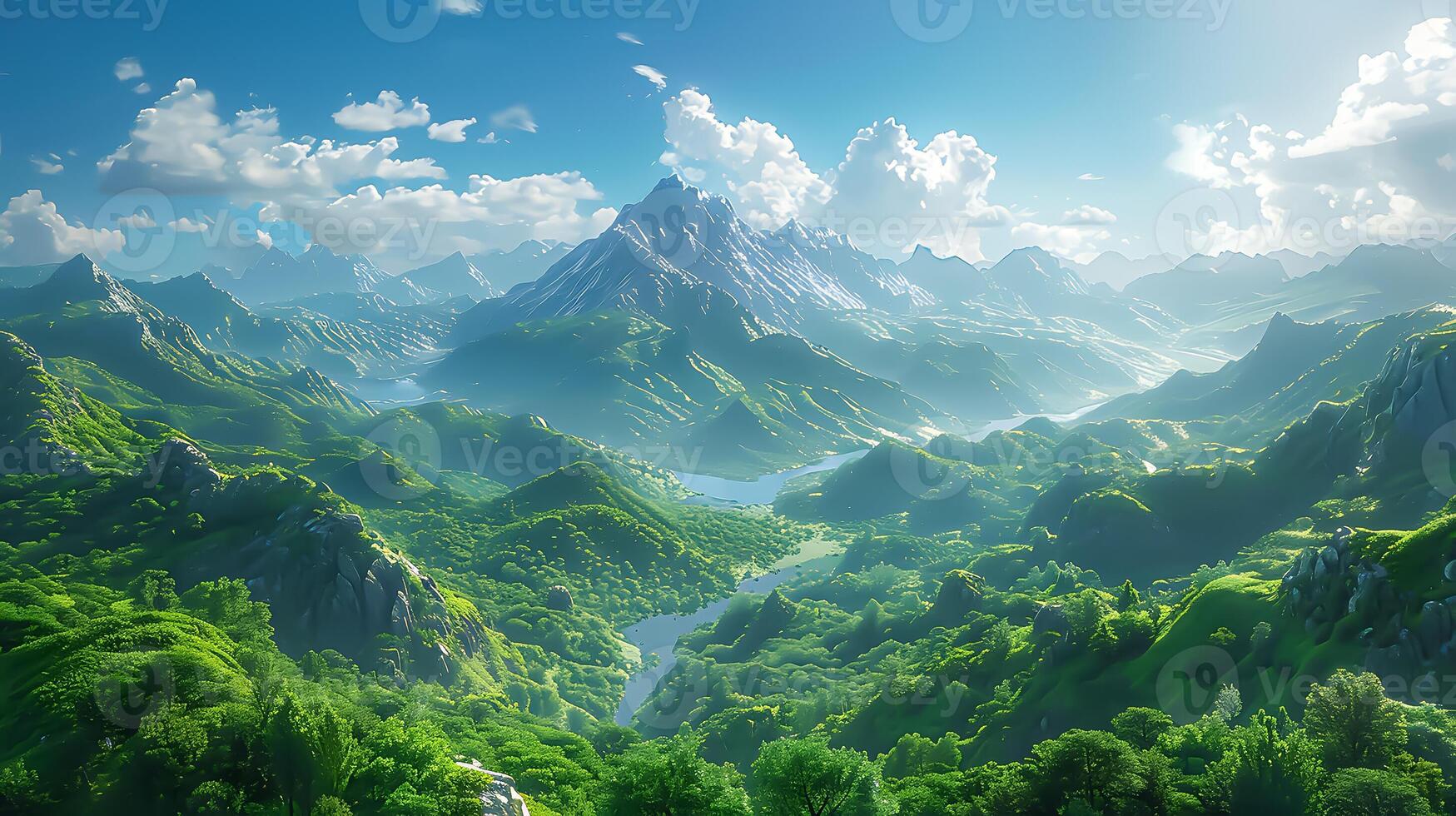Majestic Mountain Landscape with Lush Green Forests and Bright Sky - Perfect Copy Space for Advertisements photo