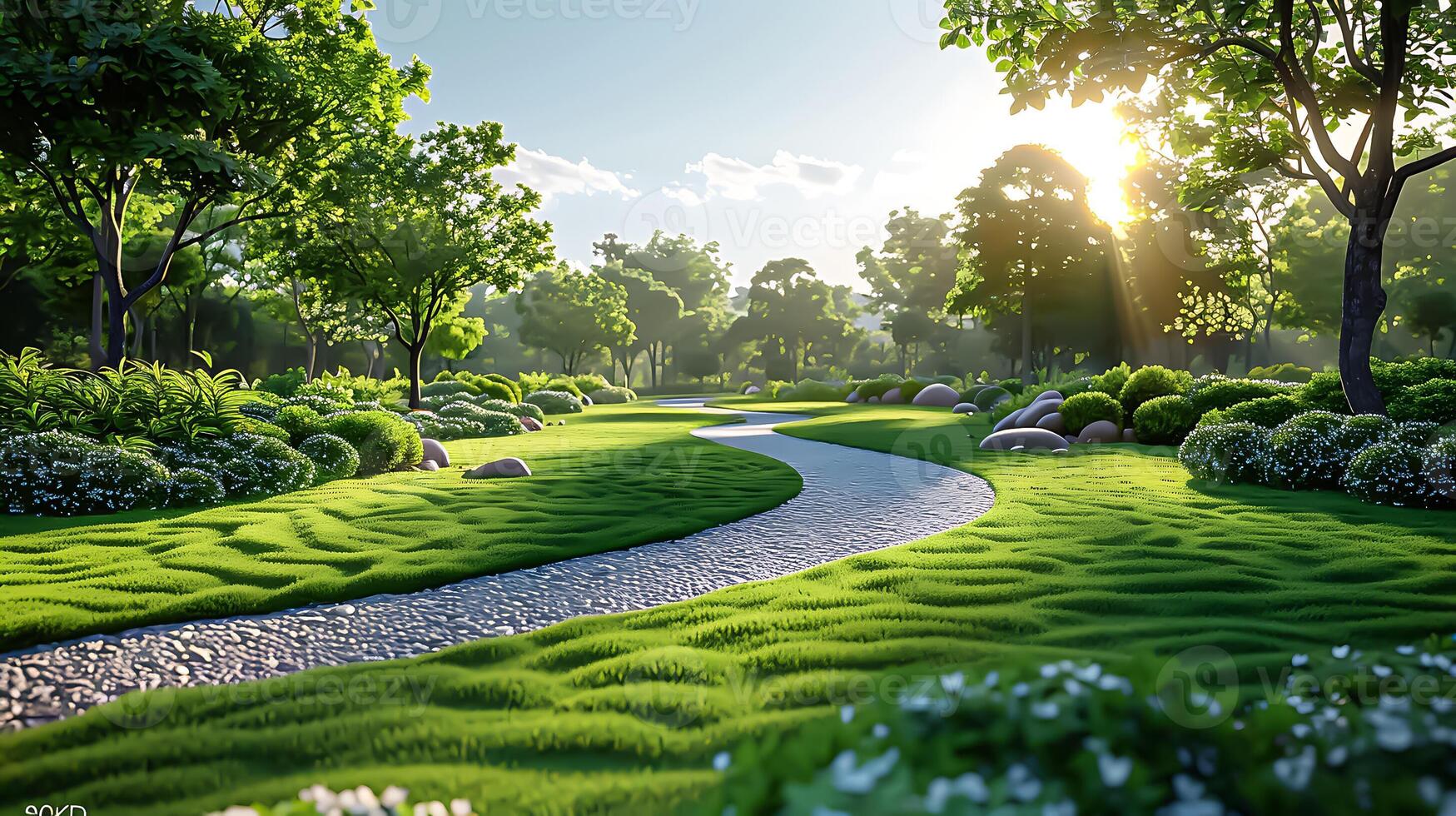 Serene Park Landscape with Winding Path and Clear Sky - High-Quality 8K Image for Copy Space and Nature Backgrounds photo