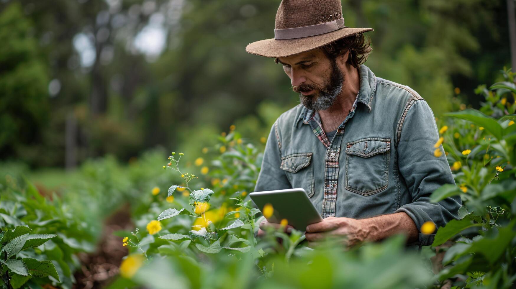 Modern Farmer Using Tablet to Monitor Irrigation Systems in Vast Farmland, Advanced Agricultural Technology in Action photo