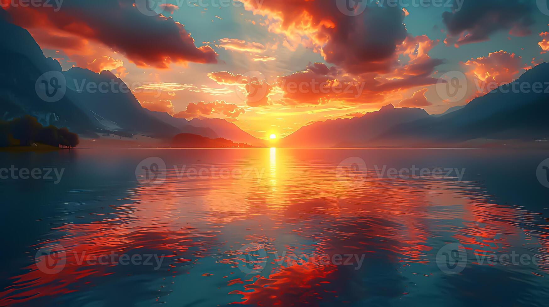 Serene Sunset Scenery Majestic Mountains, Calm Lake, and Vibrant Sky in Ultra Clear 8K Resolution for Text Overlay photo