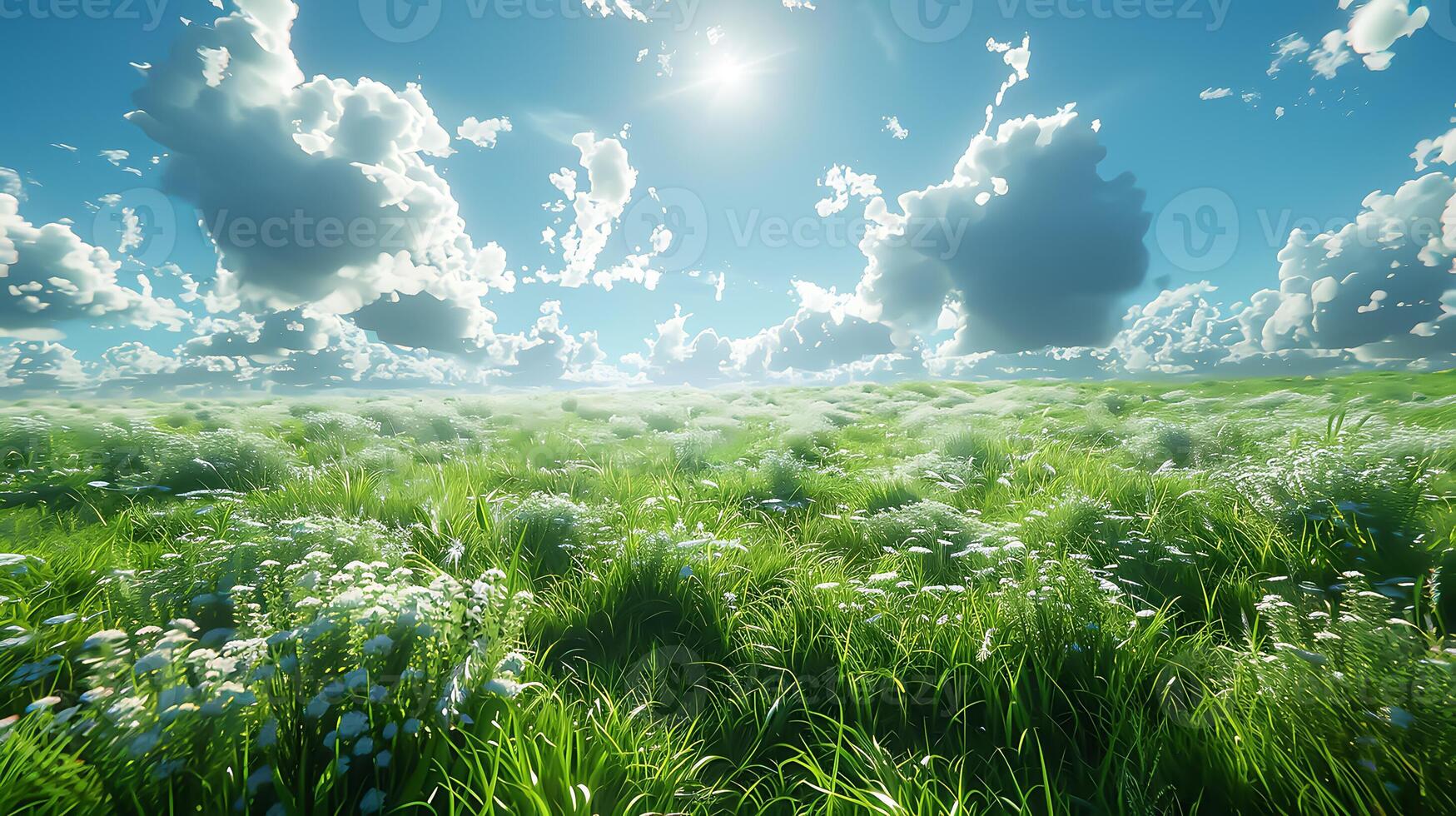 Serene Green Meadow Under Blue Sky - Nature Landscape Background with Extensive Copy Space, Realistic photo