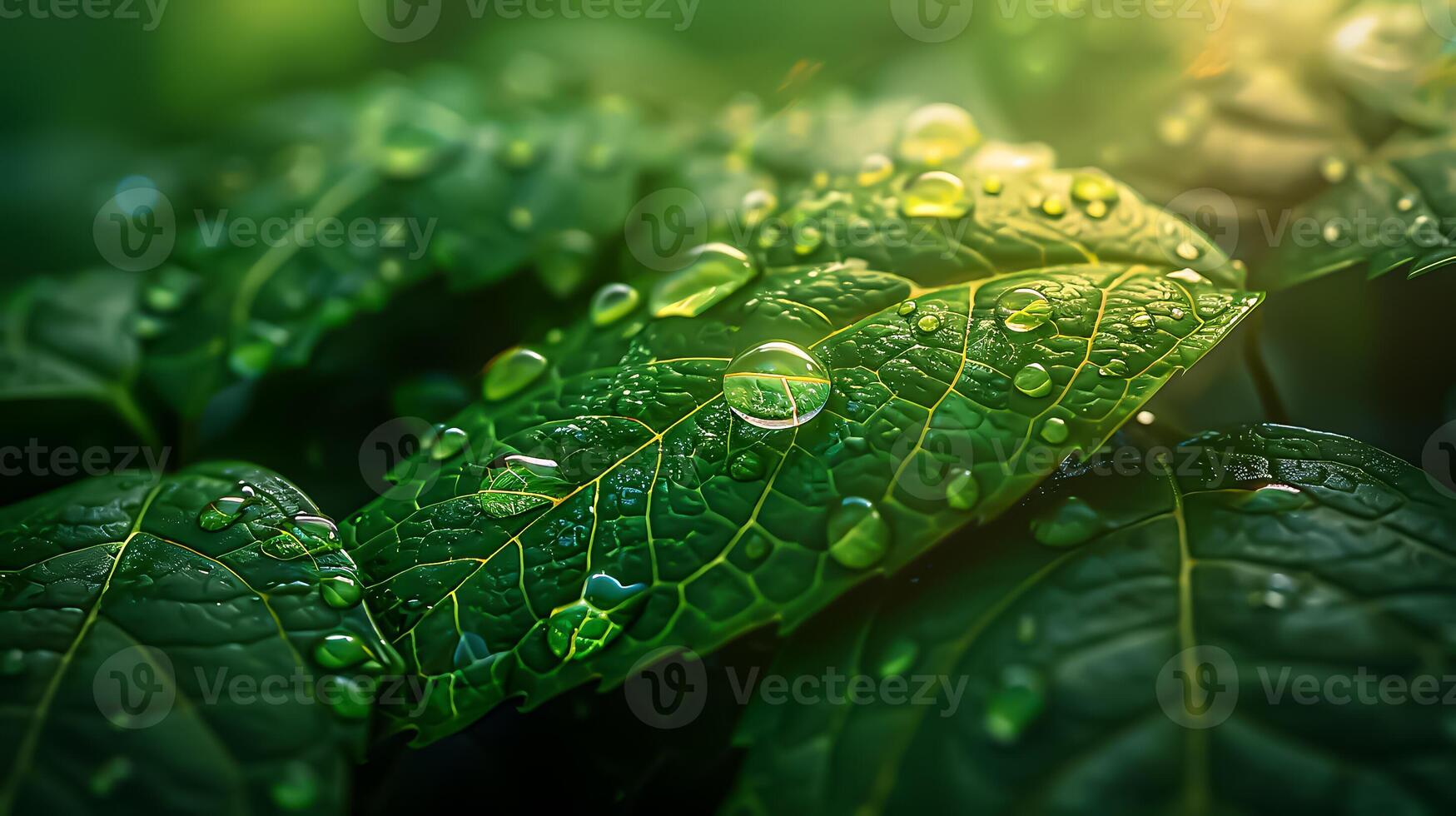 Crystal Clear Water Droplet on Leaf with Copy Space, Close-up Detailed Macro Shot in 8K Resolution photo