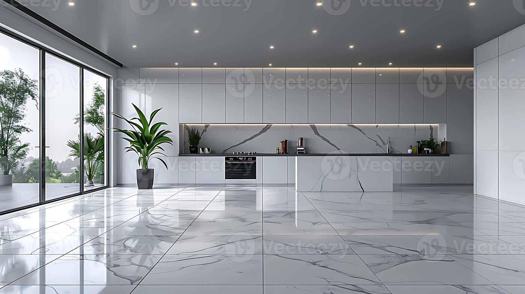 Minimalistic White Kitchen with Modern Appliances and Empty Countertop for Copy Space - 8K Photorealistic Image photo