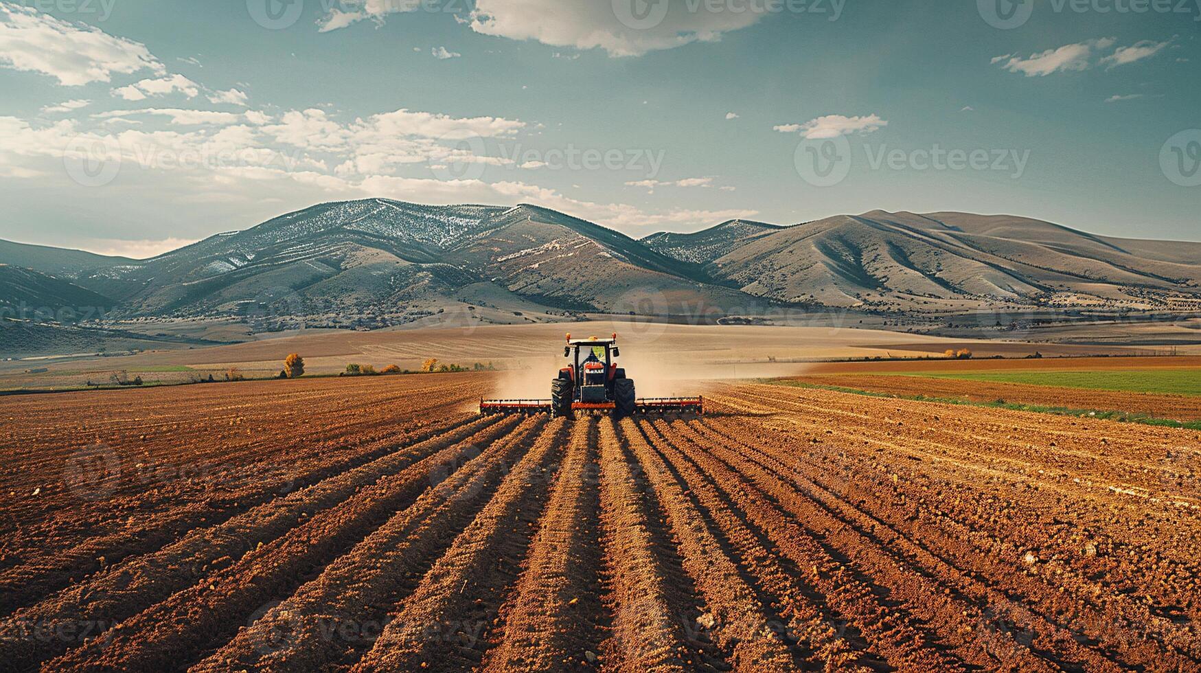 Modern Agriculture Tractor with GPS Technology Plowing Vast Field on Sunny Day photo
