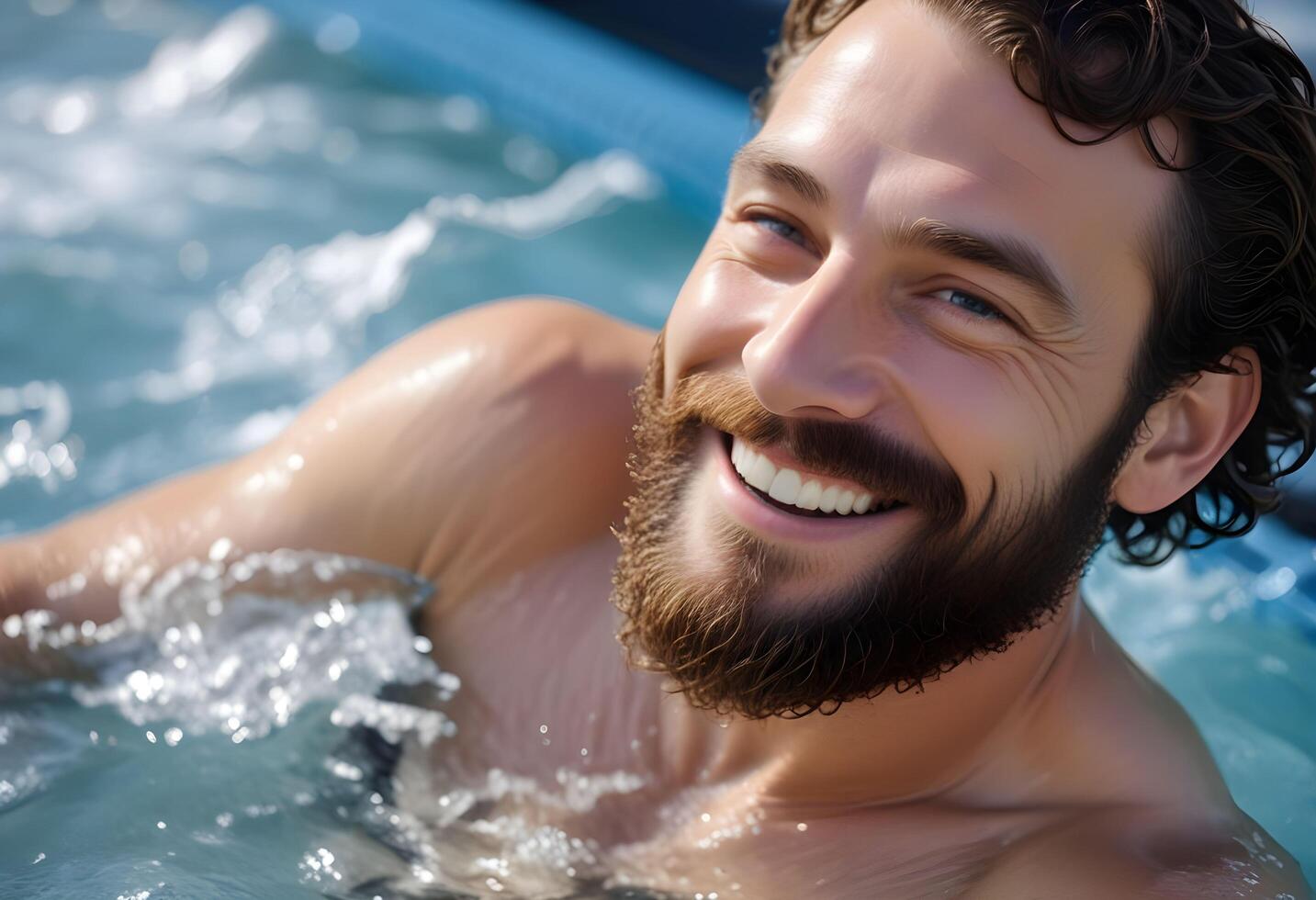 a man with a beard and a smile in a hot tub photo